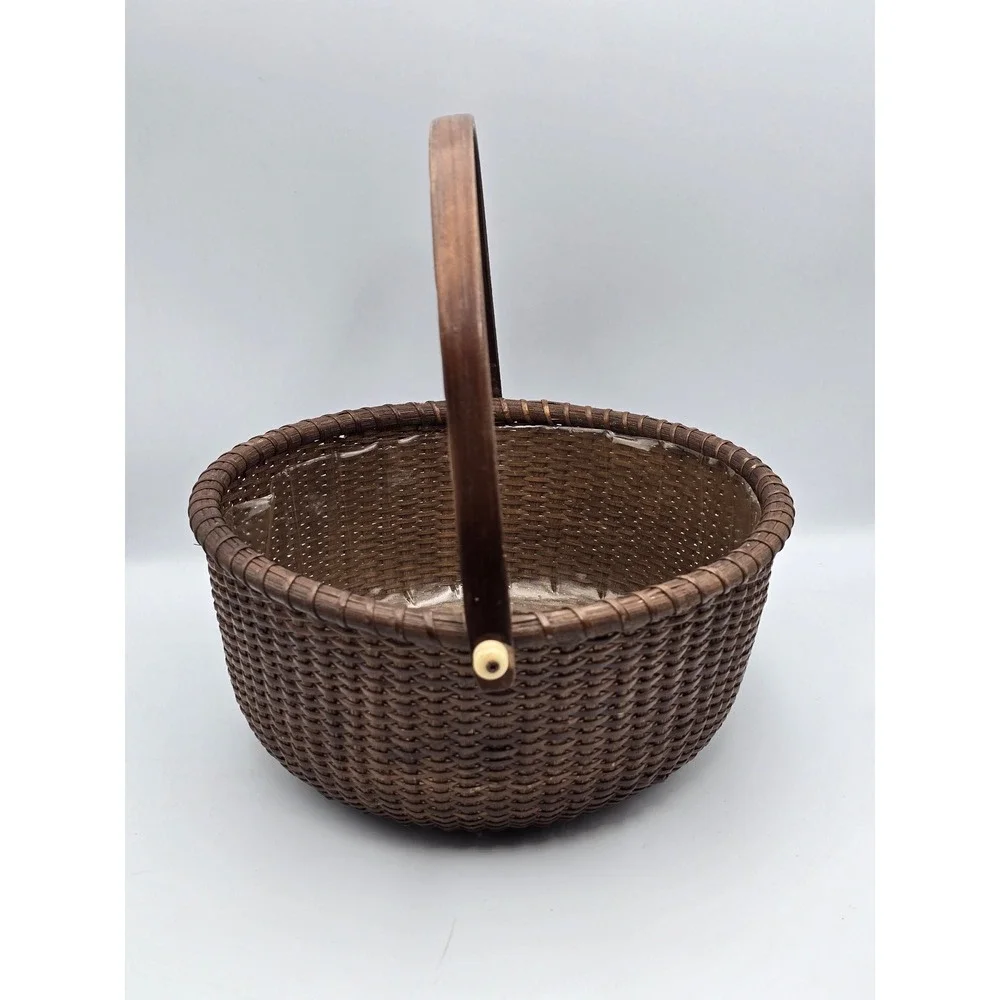 Nantucket Wicker Basket Home Decor Medium Brown Good Round Wood Handle Liner